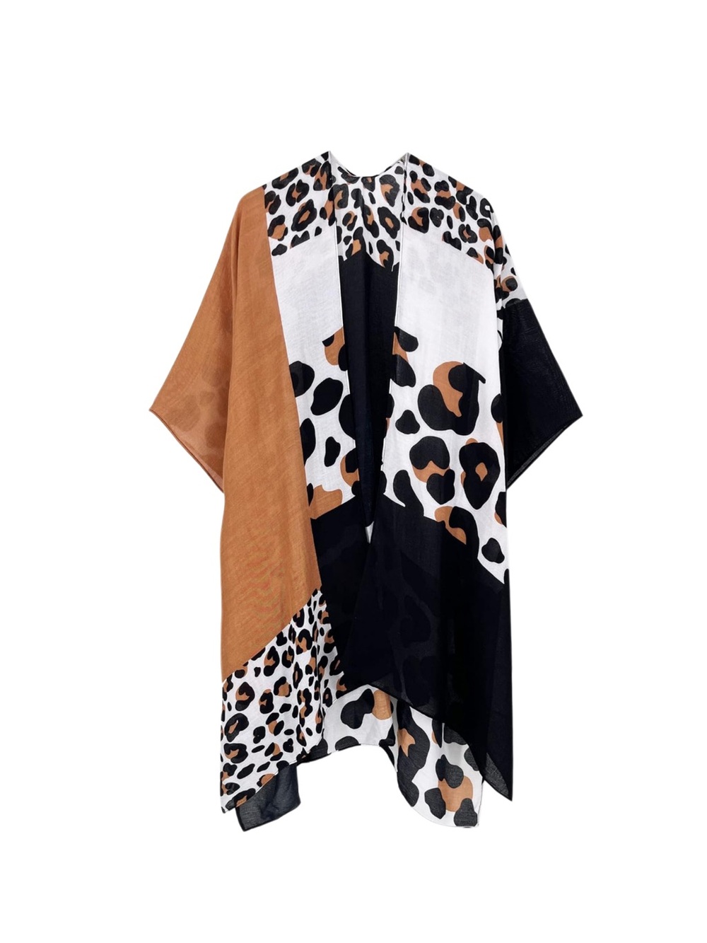 Leopard print colorblock open-front kimono cardigan